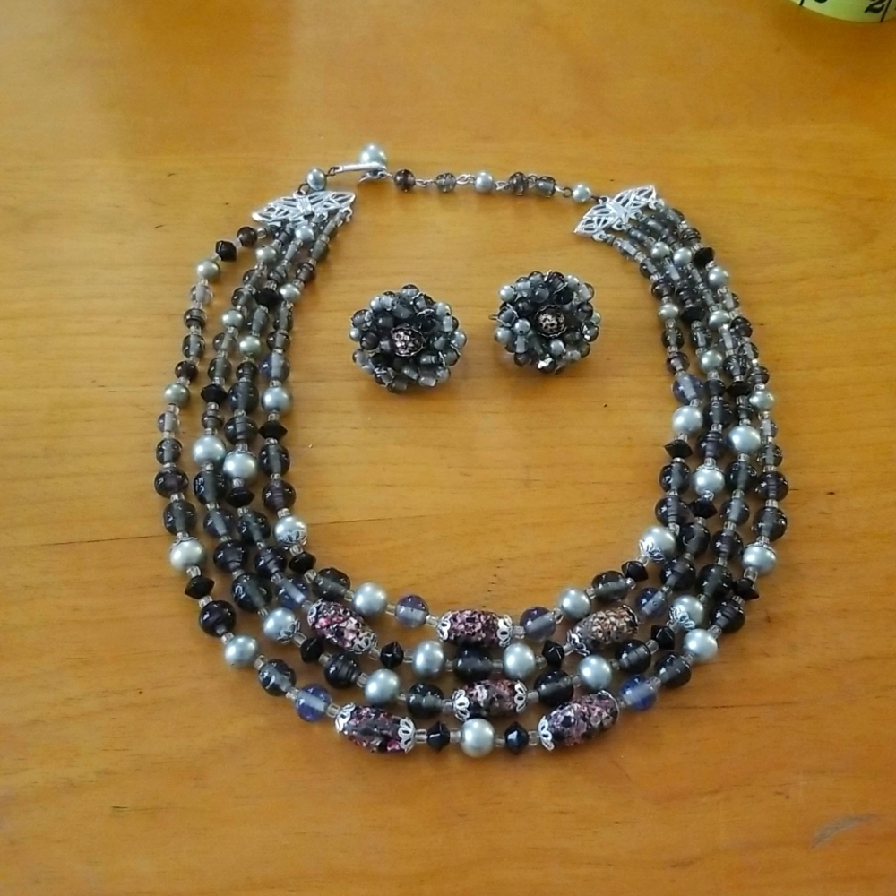 Vintage Japan Four Strand Beaded Necklace with Clipon Earrings